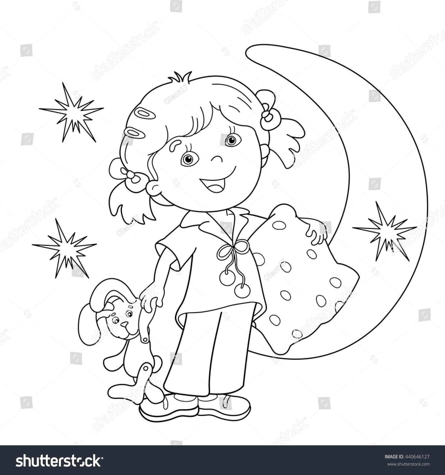 Coloring page outline cartoon girl pajamas stock vector royalty free