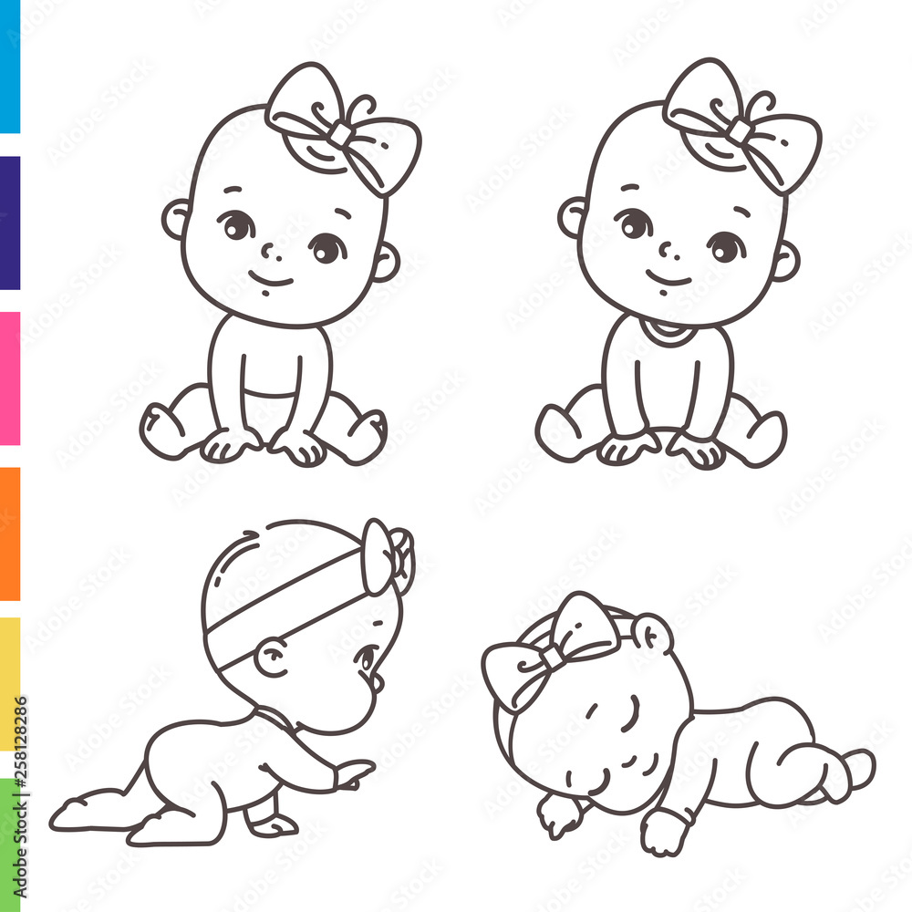 Cute little girl icon set coloring page of outline stickers of little baby girl in pink pajamas bow diaper child sleeping sitting crawling emblem of kid health vector monochrome illustration vector