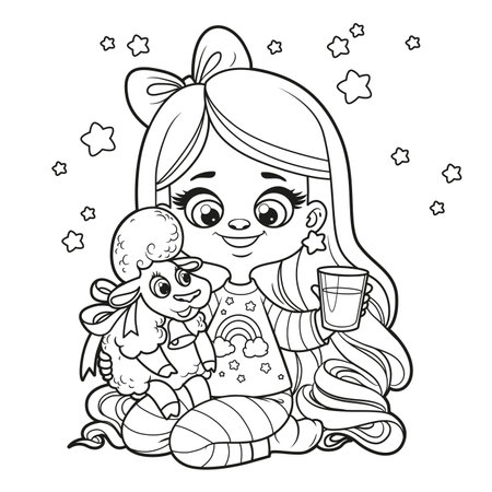 Cute cartoon girl in pajamas with soft toy sheep and glass of milk outlined for coloring page on a white backgroundãç æ fy ãããããããã