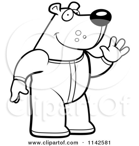 Cartoon clipart of a black and white waving bear in footie pajamas