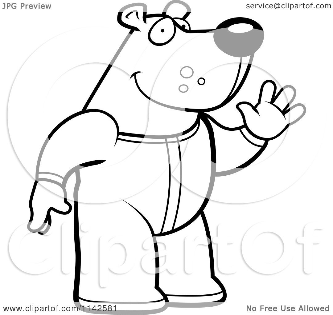 Cartoon clipart of a black and white waving bear in footie pajamas