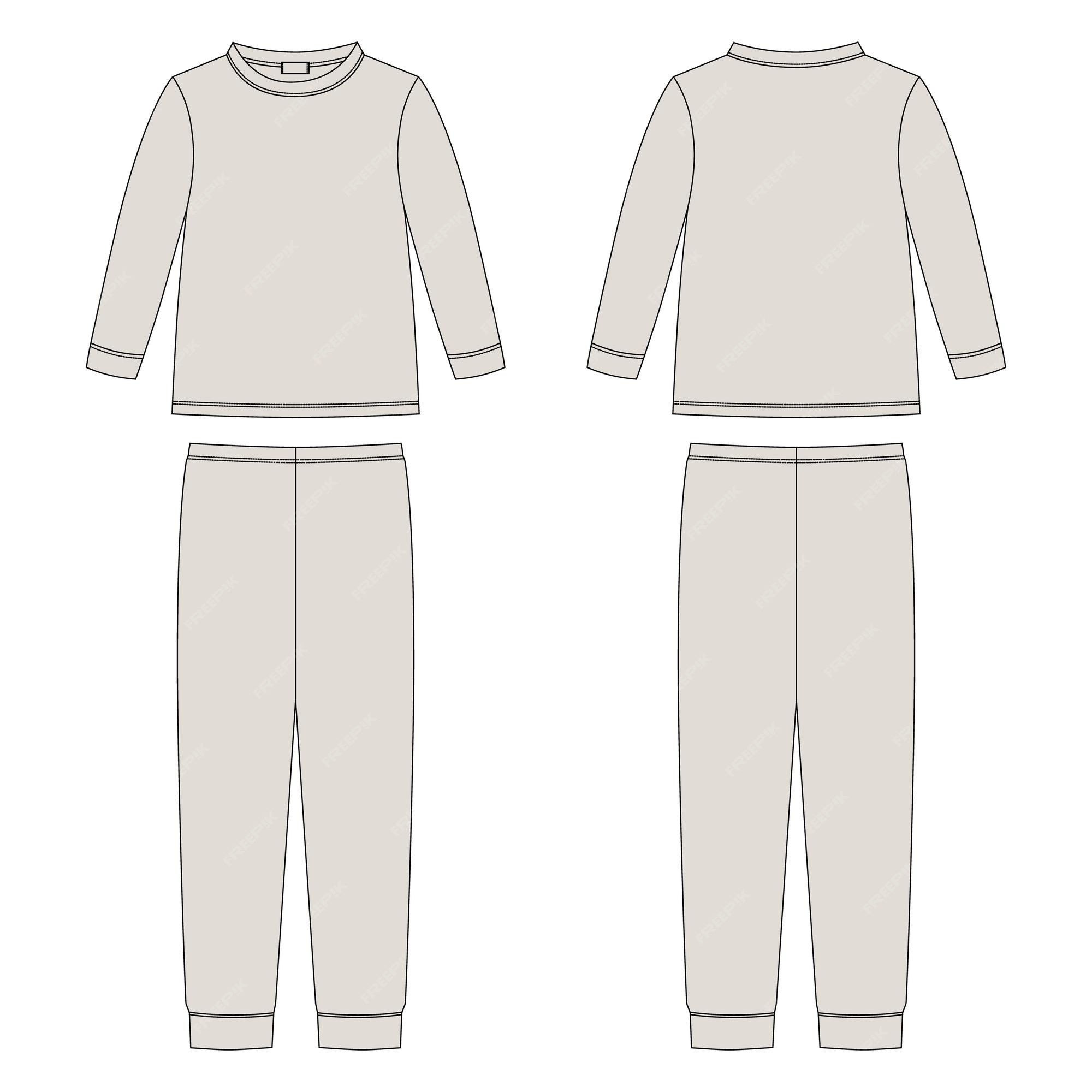 Premium vector childrens cotton sweatshirt and pants grey color apparel pajamas technical sketch kids outline nighwear design template
