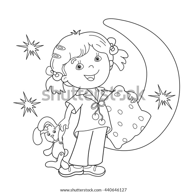 Coloring page outline cartoon girl pajamas stock vector royalty free
