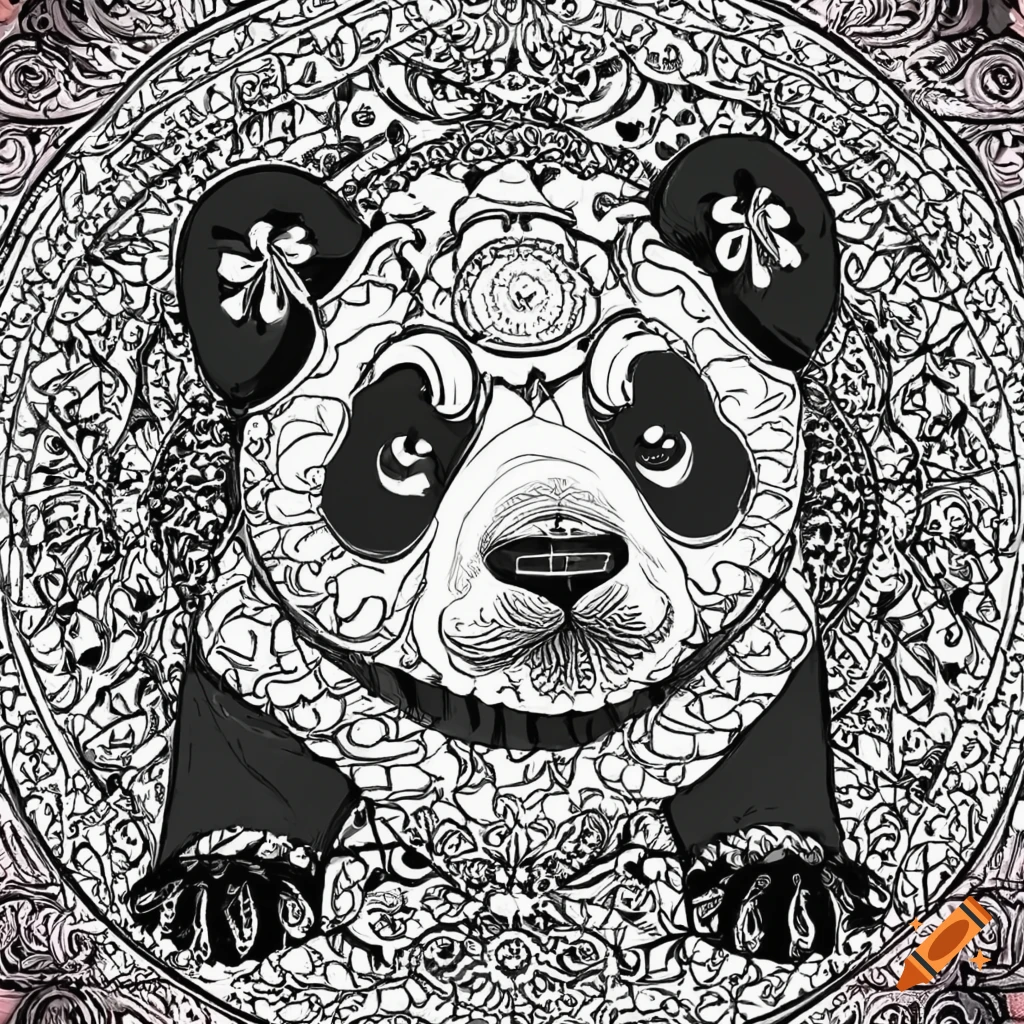 A mandala filled panda in outline in black and white for a coloring book on