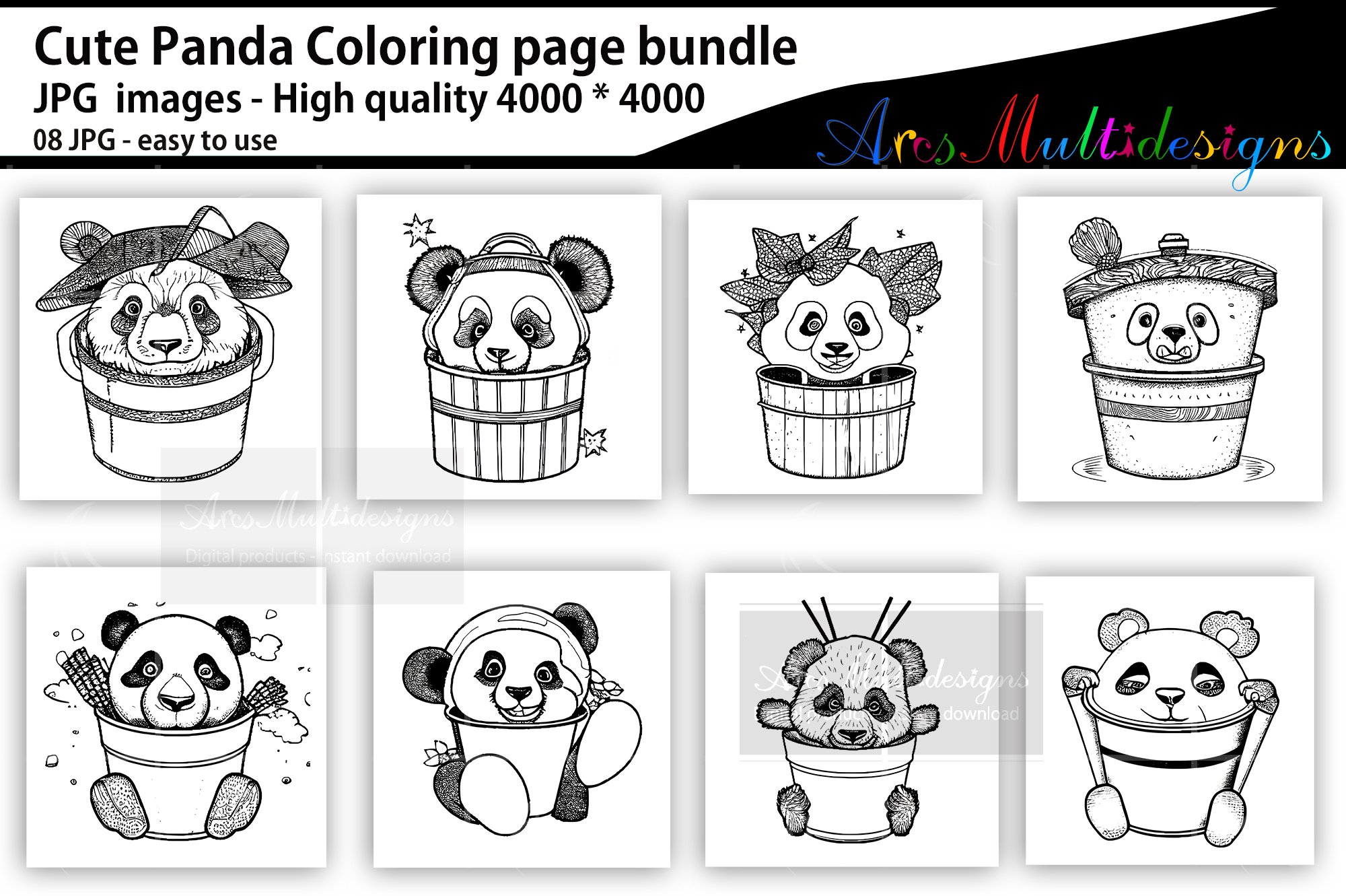 Panda coloring pages bundle