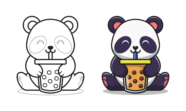 Premium vector cute panda drinking bubble tea cartoon coloring pages for kids