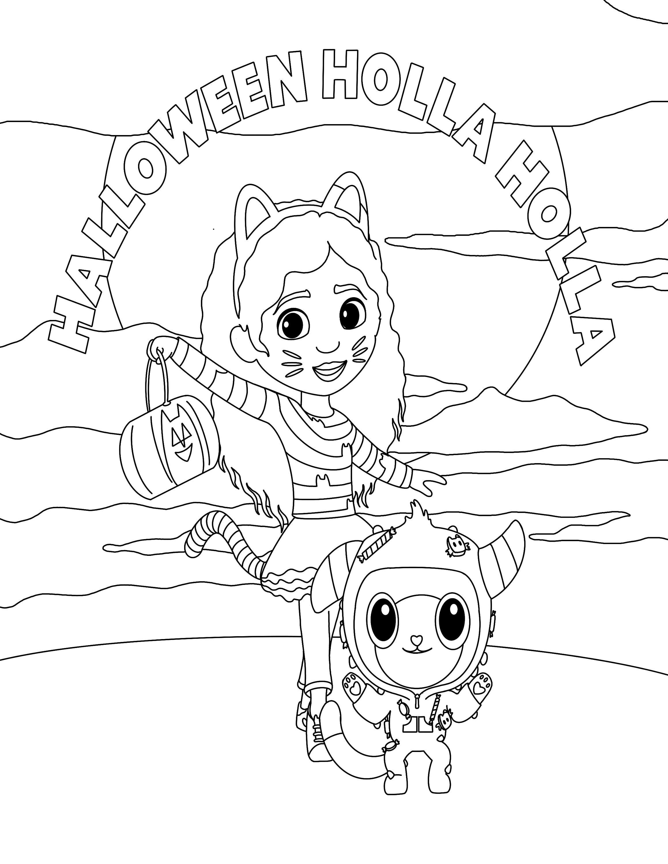 Gabbys dollhouse halloween coloring sheet featuring gabby and pandy in halloween costume digital download