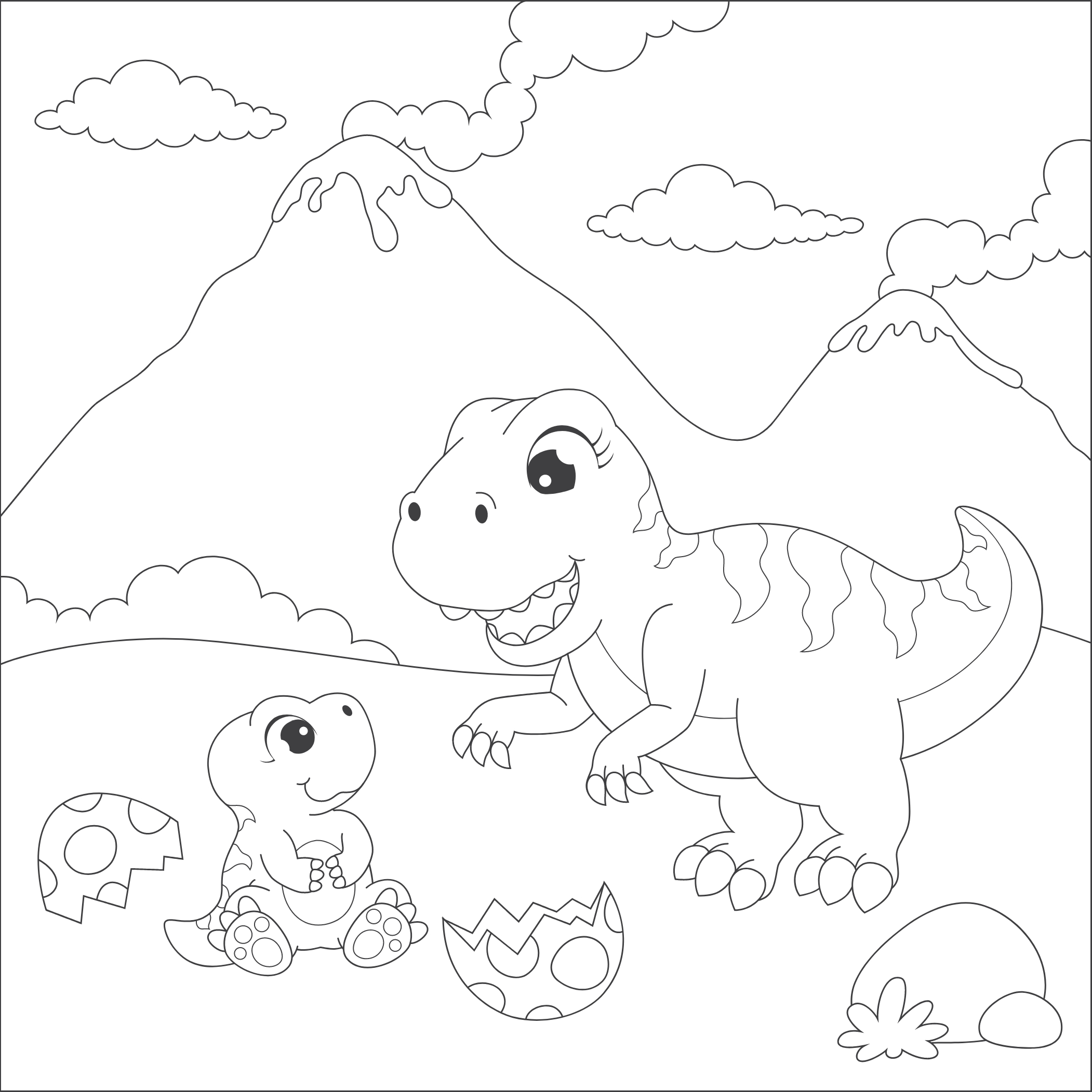 Tyrannosaurus rex in front of a volcano coloring page
