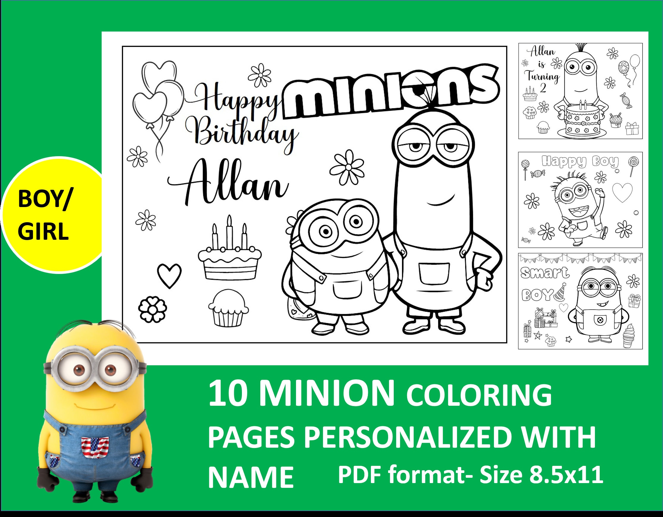 Printable minion coloring page for birthday personalized with name for kids boy girl ages