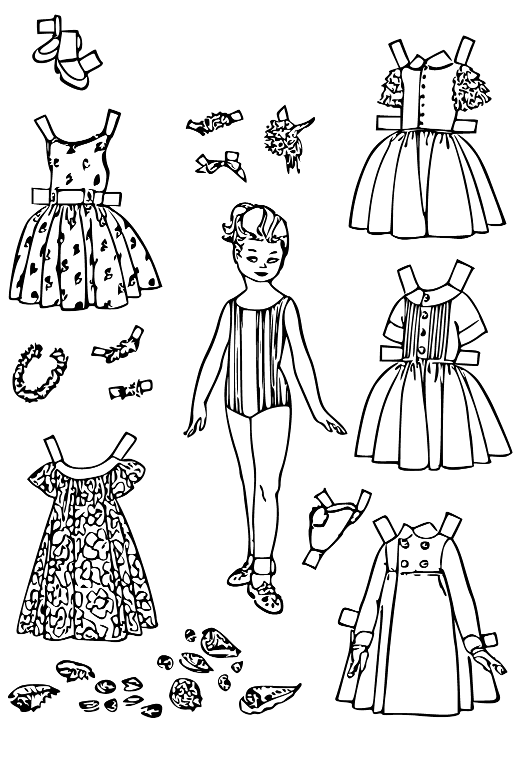 Free printable paper doll summer coloring page for adults and kids
