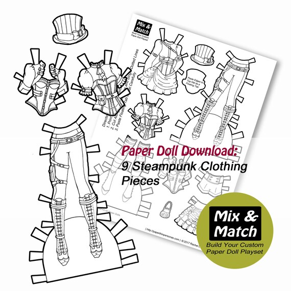 Steampunk paper doll mix match digital paper doll clothing download printable paper doll coloring page steampunk coloring sheet
