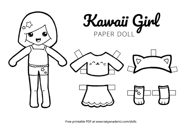 Kawaii girl paper doll and coloring page by tatyana deniz paper dolls paper doll template paper dolls printable