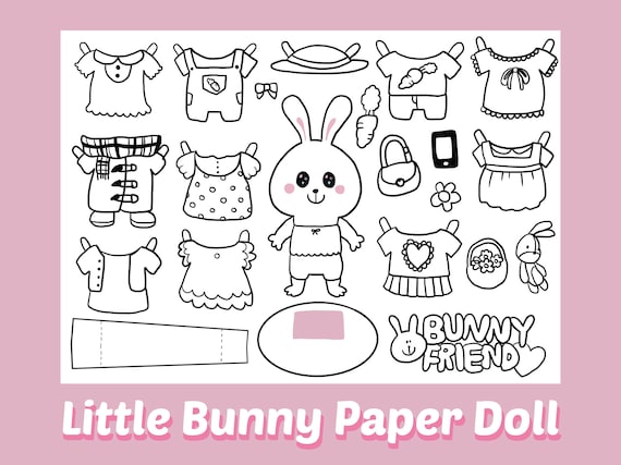 Cute bunny printable paper dolldigital downloadcoloring paper doll pdf paper toysfun activitiesactivity sheetprintable coloring page instant download