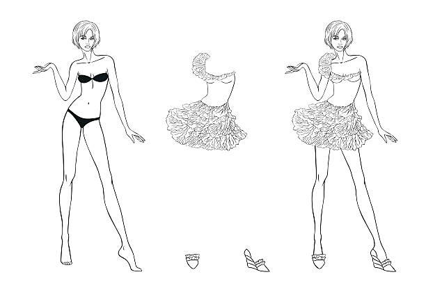 Coloring page paper doll and flower fantasies clothes stock illustration
