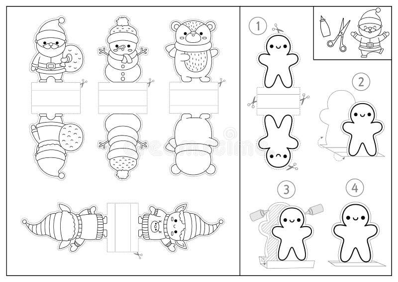 Vector black and white christmas paper dolls set cute line finger puppets or chips with santa claus snowman elf bear for kids stock vector