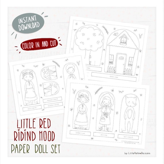 Fairy tale paper doll coloring sheets little red riding hood printable crafts for kids instant download pdf