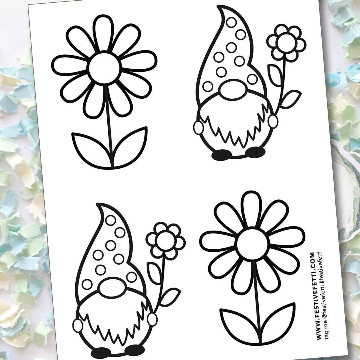 Gnome and daisy coloring page