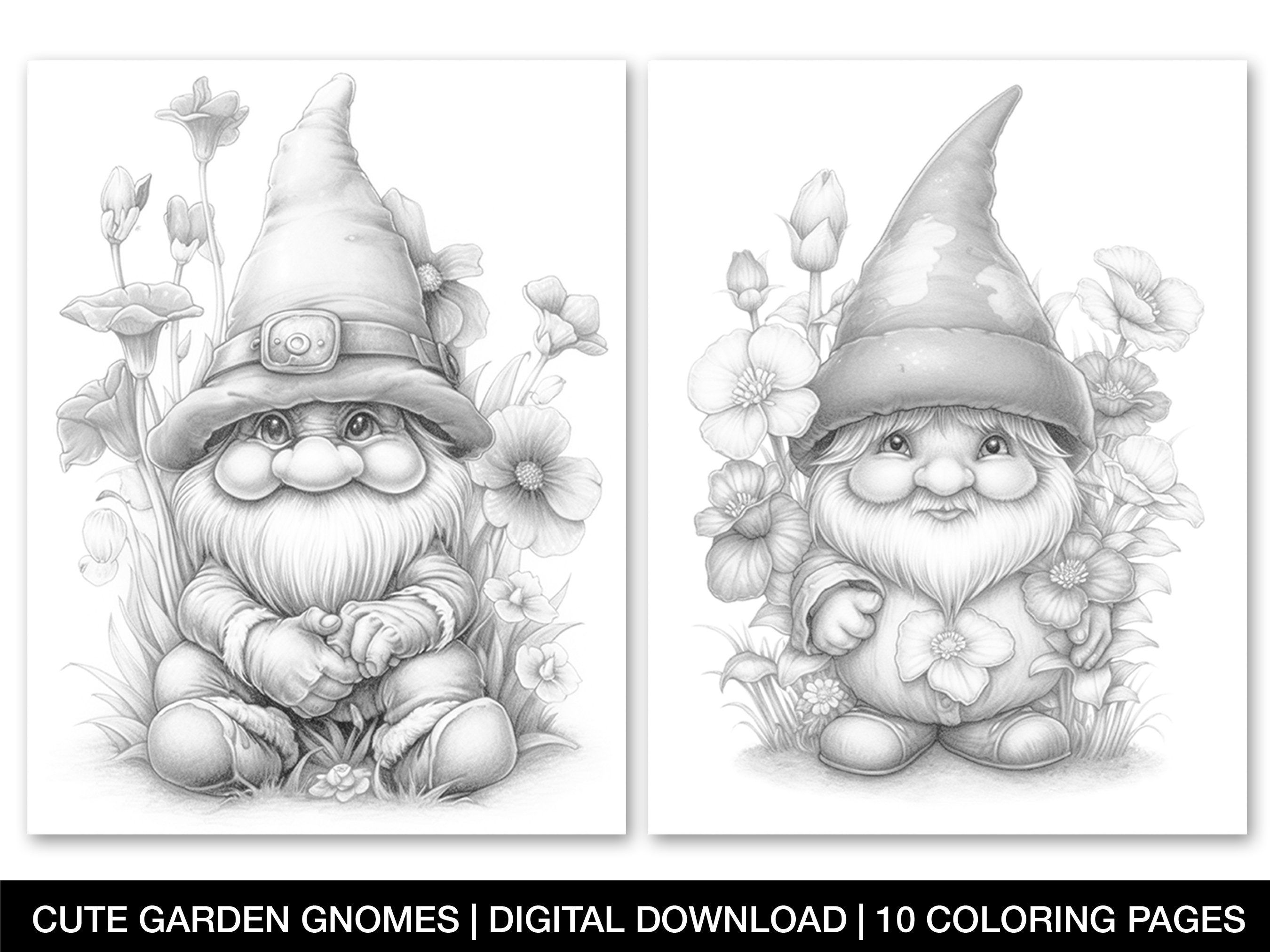 Gnome coloring pages for adults and kids printable cute gnomes cute garden gnome grayscale coloring sheets sweet gnomes instant download instant download