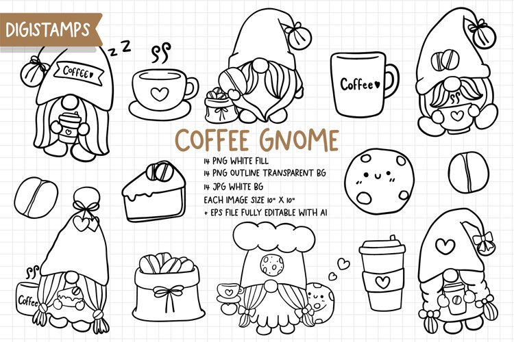Coffee gnomes digital stamps coloring pages