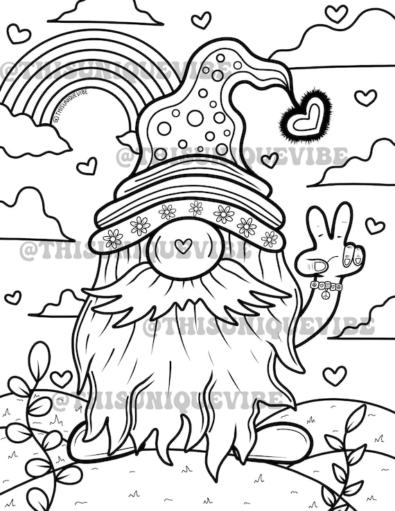 Hippie gnome coloring page printable adult coloring page coloring book trippy coloring page trippy art hippie coloring page gnome