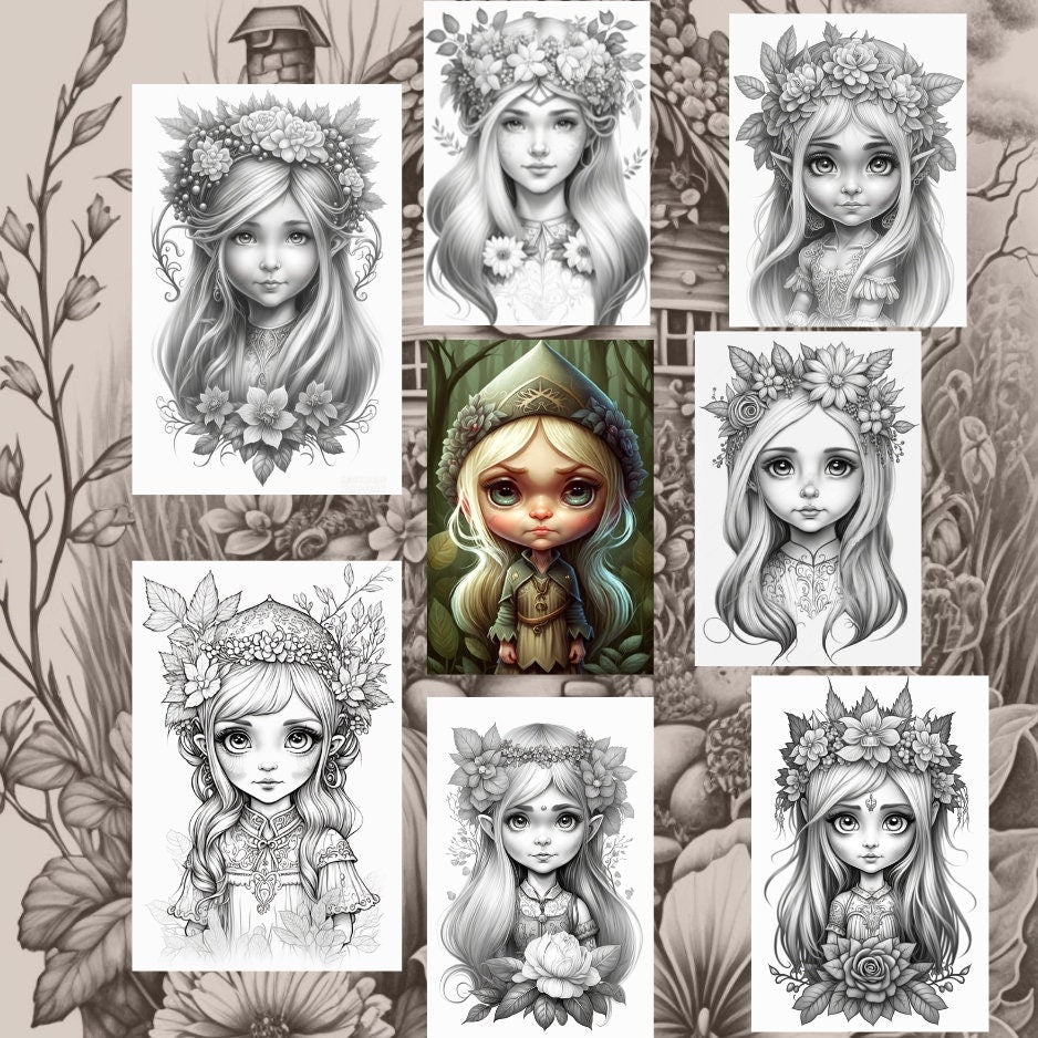 Cute gnome princesses coloring pages with instant download print