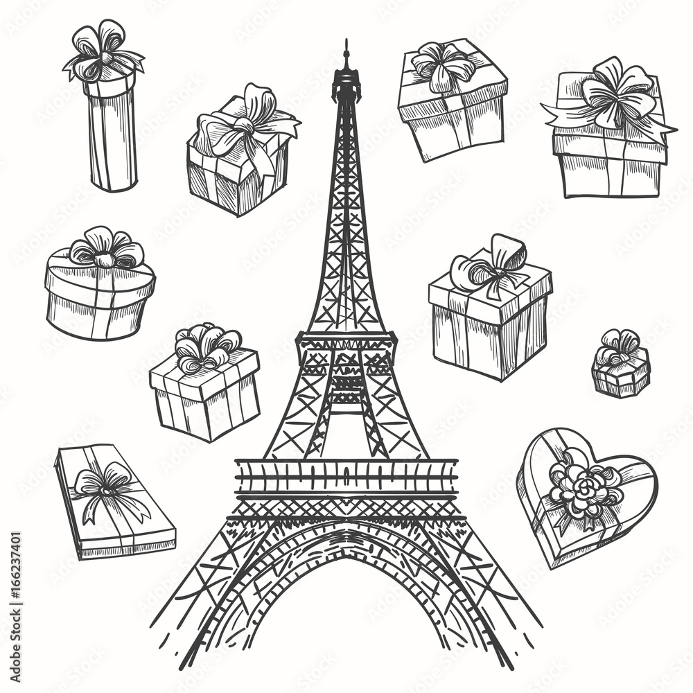 Gifts from paris vector illustration eiffel tower and gift boxes vector