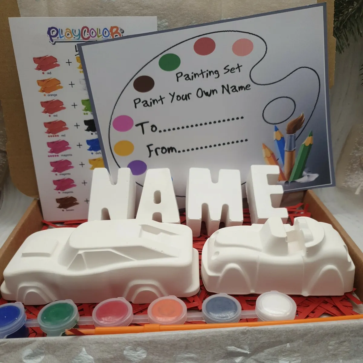 Paint your own name and cars kids craft kit gift box plaster of paris