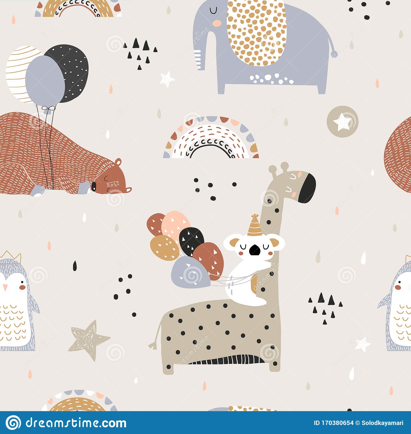 Seamless childish pattern with party animals creative scandinavian kids texture for fabric wrapping textile wallpaper stock illustration