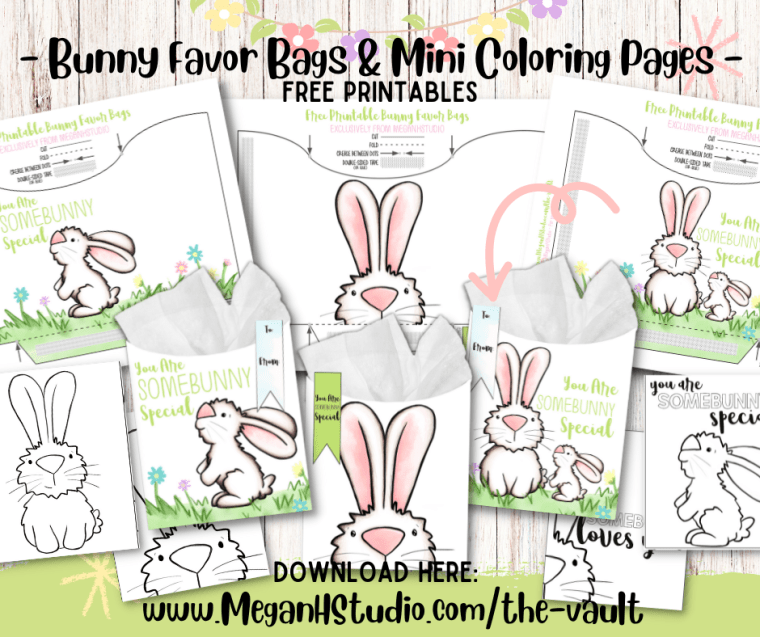 Free printable bunny favor bags and mini coloring pages