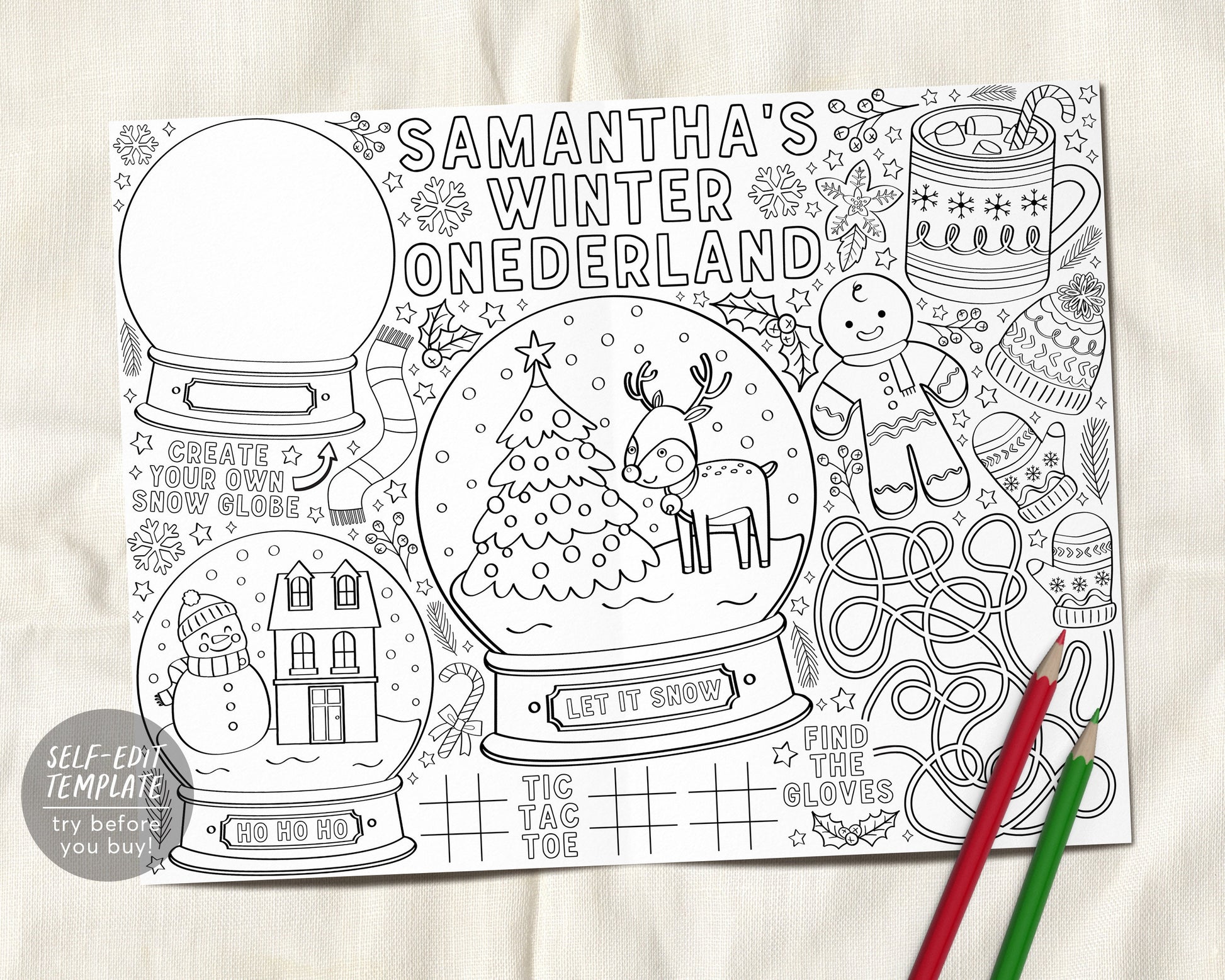Winter onederland birthday coloring page placemat for kids editable te â puff paper co