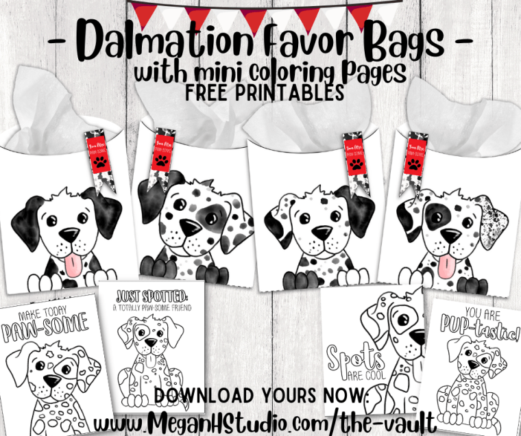 Free printable dalmation party favor bags and mini coloring pages