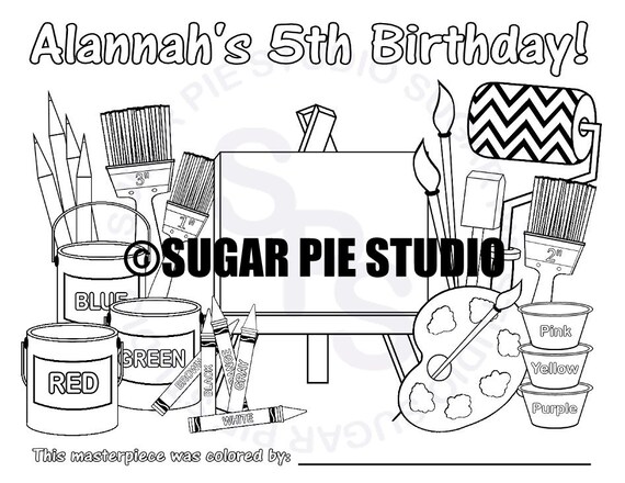 Personalized art painting coloring page birthday party favor colouring activity sheet personalized printable template