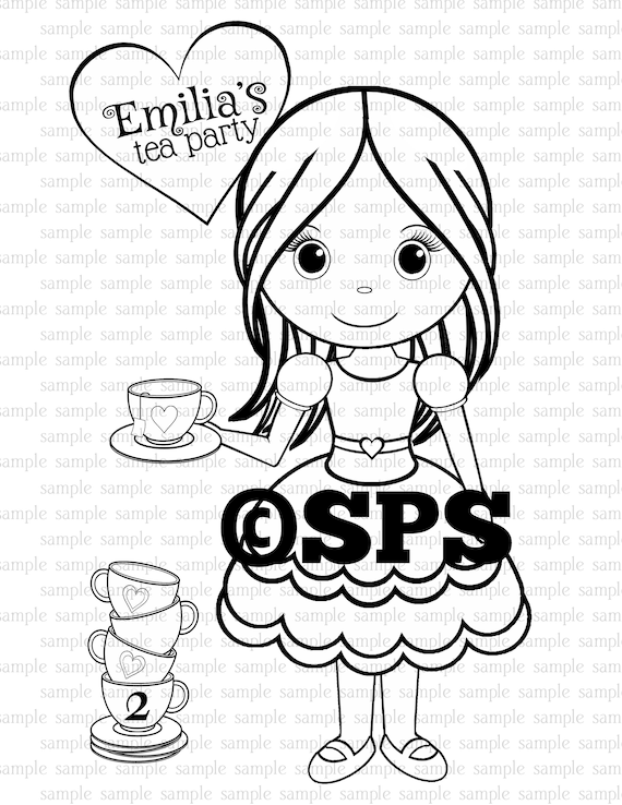 Personalized tea party coloring page birthday party favor colouring activity sheet personalized printable template
