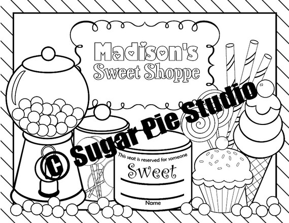 Personalized sweet shoppe coloring page birthday party favor colouring activity sheet personalized candy printable template