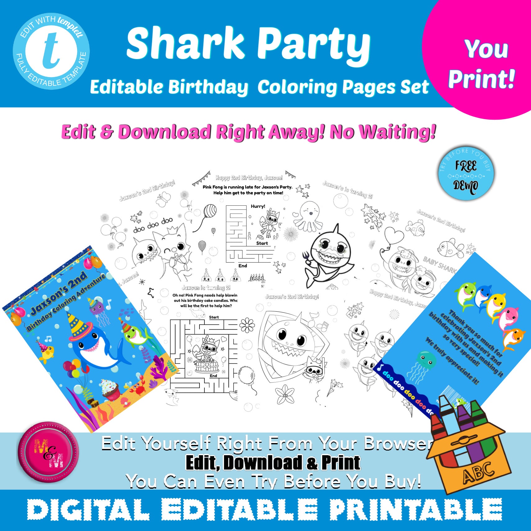 Editable shark party birthday party coloring pages shark party activi â mugmouse designs