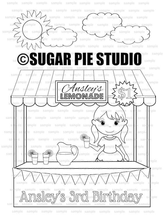 Personalized lemonade stand coloring page birthday party favor colouring activity sheet personalized printable template