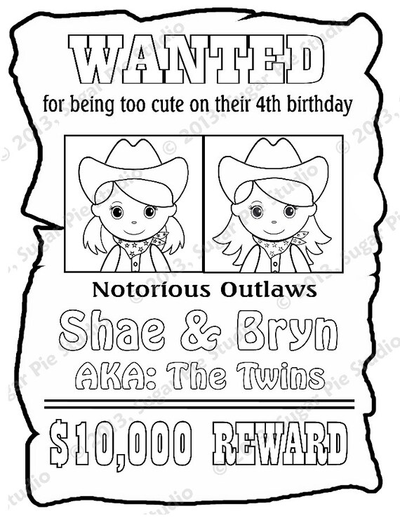 Personalized twins cowgirl coloring page birthday party favor colouring activity sheet personalized printable template