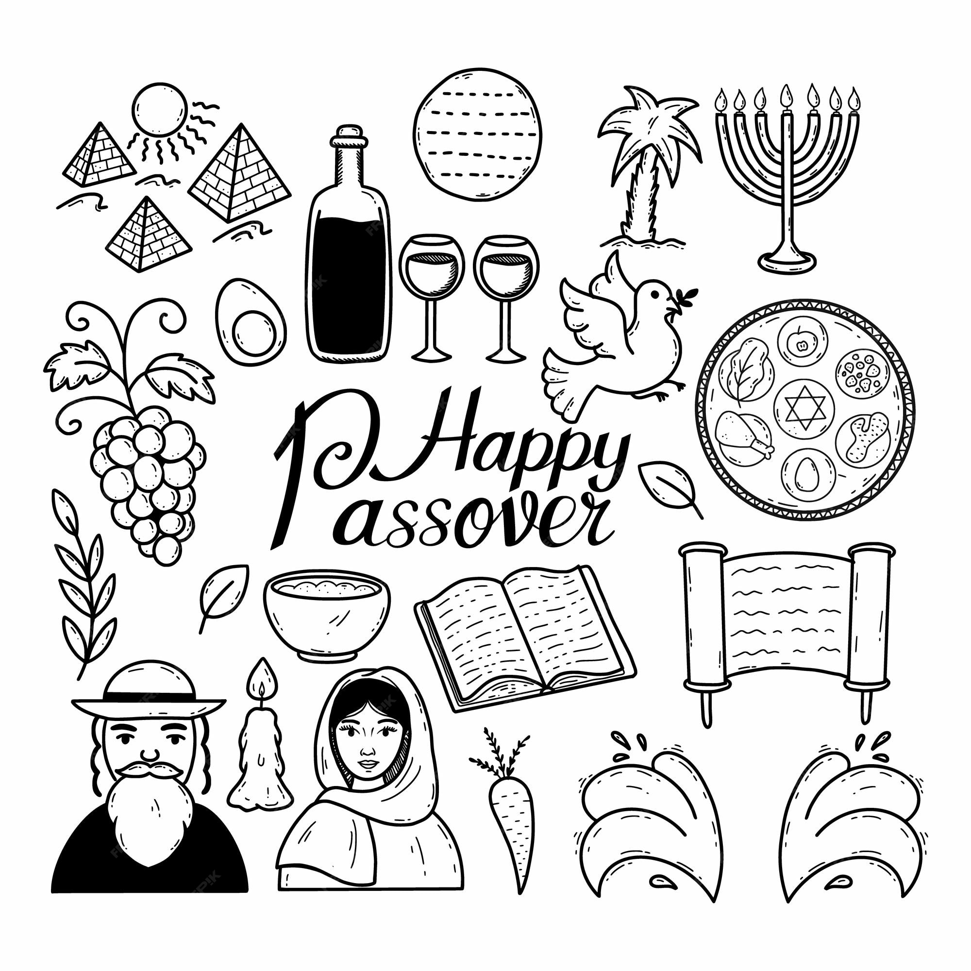 Premium vector happy passover religious holiday vector doodle set hand drawn icon black and white drawing postcard decor element lettering beautiful inscription