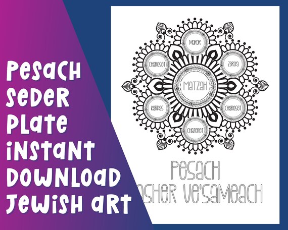 Pesach seder plate printable art in english coloring page for diy passover cards posters jewish instant download print judaica prints