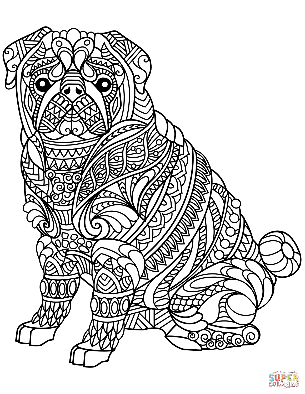 Pug dog zentangle coloring page free printable coloring pages