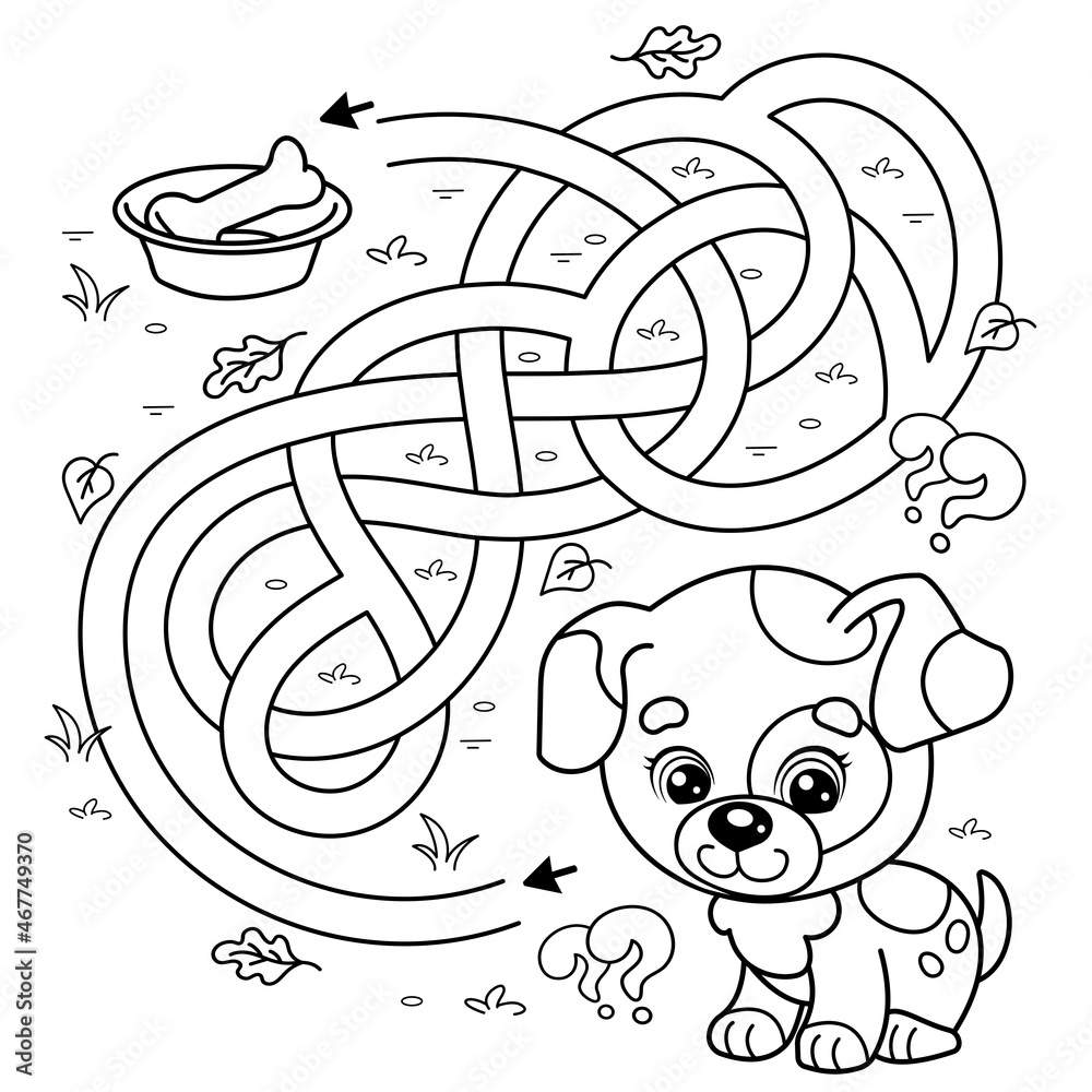 Maze or labyrinth game puzzle tangled road coloring page outline of cartoon little dog with bone puppy coloring book for kids vector