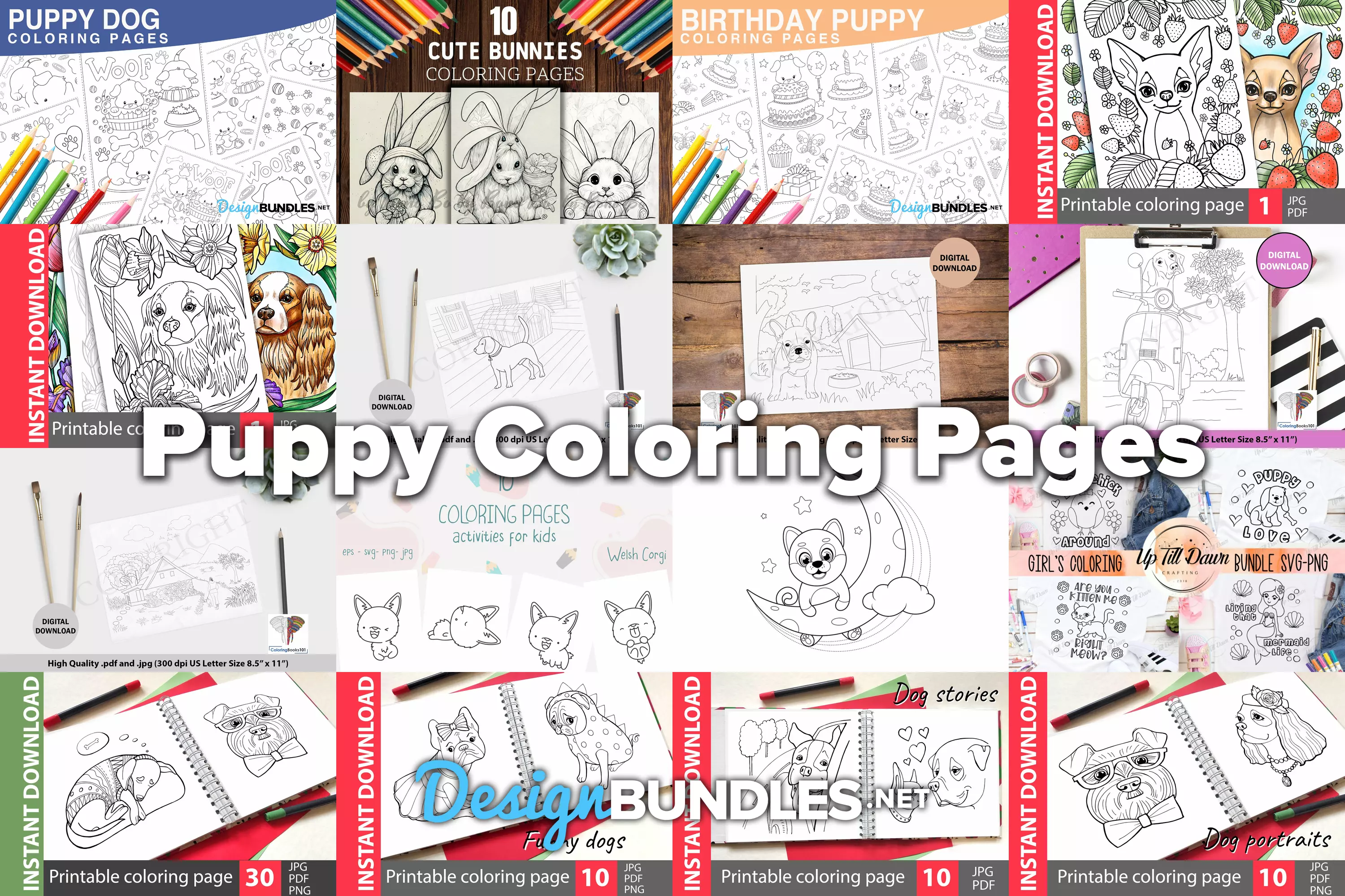 Puppy coloring pages design bundles