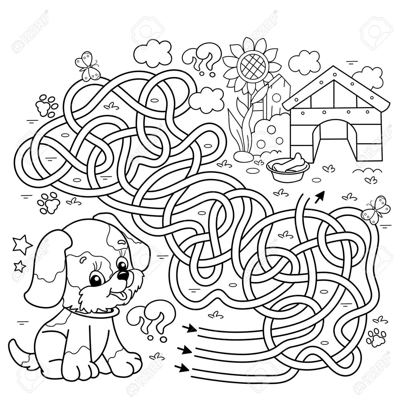 Maze or labyrinth game puzzle tangled road coloring page outline of cartoon little dog with doghouse or kennel coloring book for kids royalty free svg cliparts vectors and stock illustration image