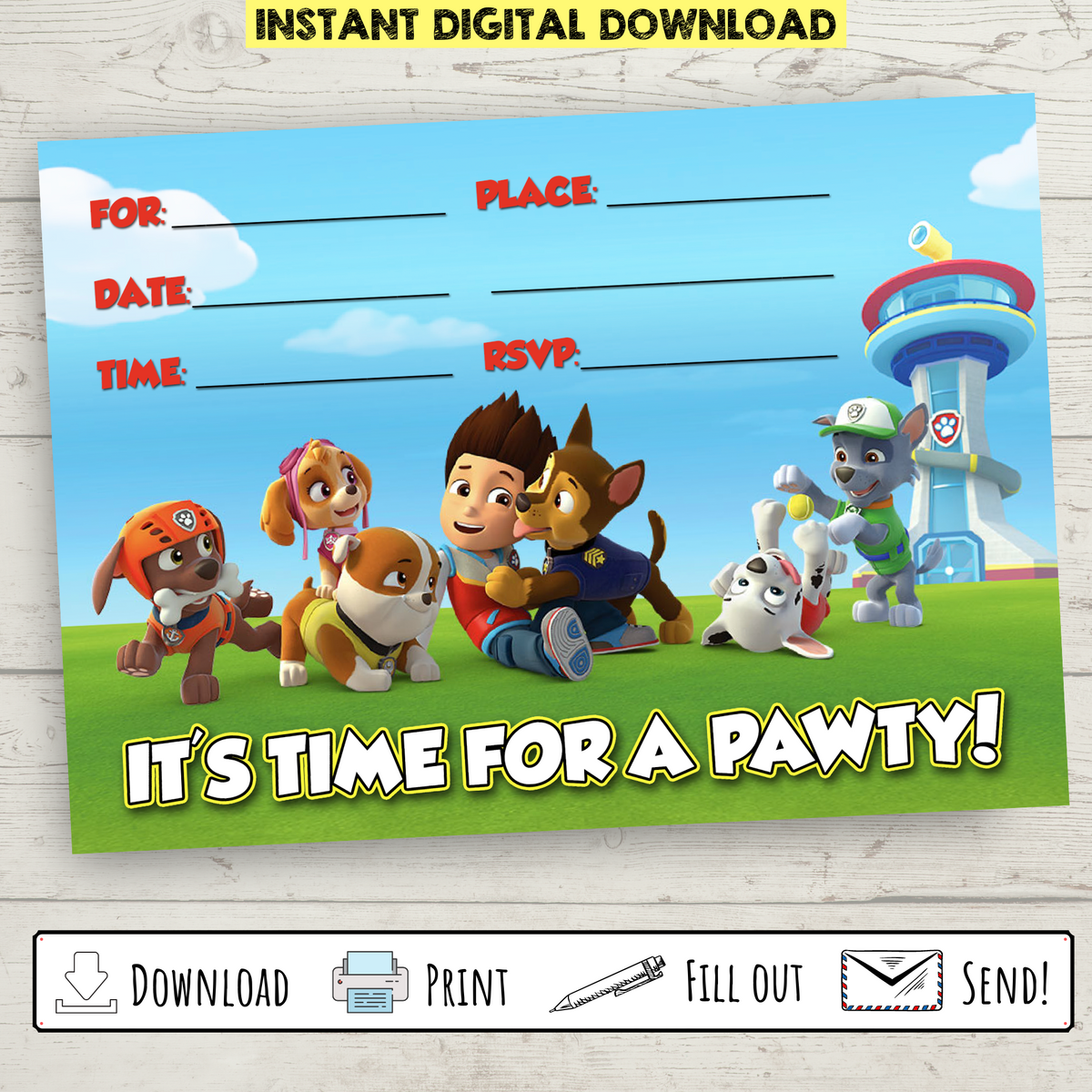 Printable simple paw patrol party invitation â bright color mom