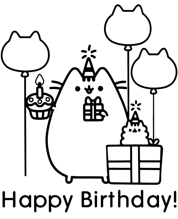 Pusheen birthday card coloring page