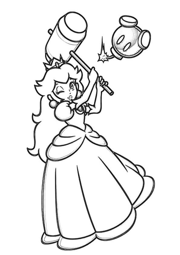 Princess peach holding hammer coloring page