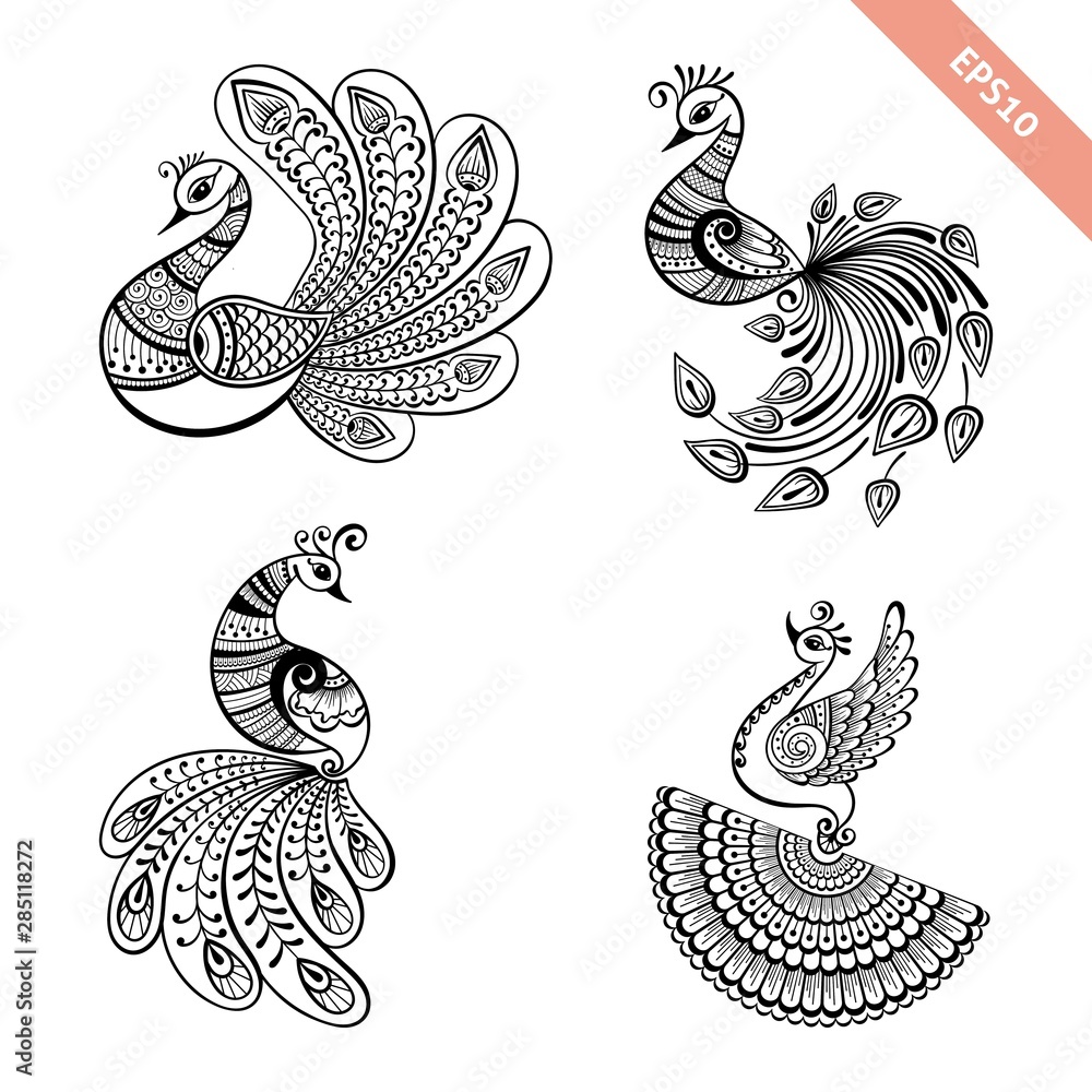 Hand drawn peacock mehendi style collectiondecoration in ethnic indian styledoodle sketch for tattoo coloring page t