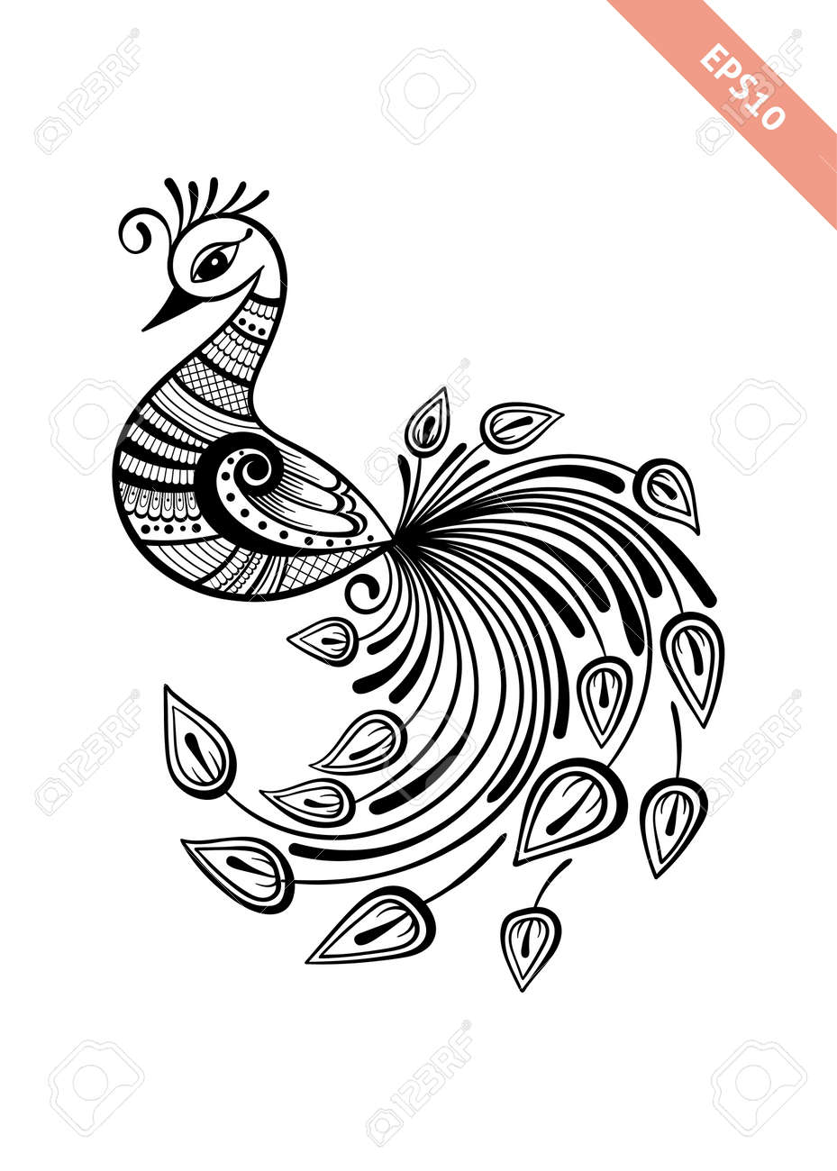 Hand drawn black line peacock mehendi styledecoration in ethnic indian styledoodle sketch for tattoo coloring page t