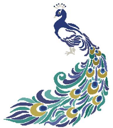 Peacock silhouette in color cross stitch pattern