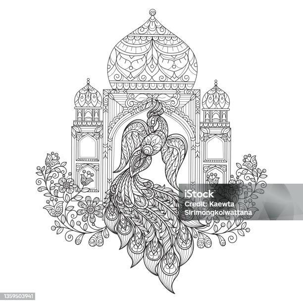 Peacock and castle hand drawn sketch illustration for adult coloring book stock illustration